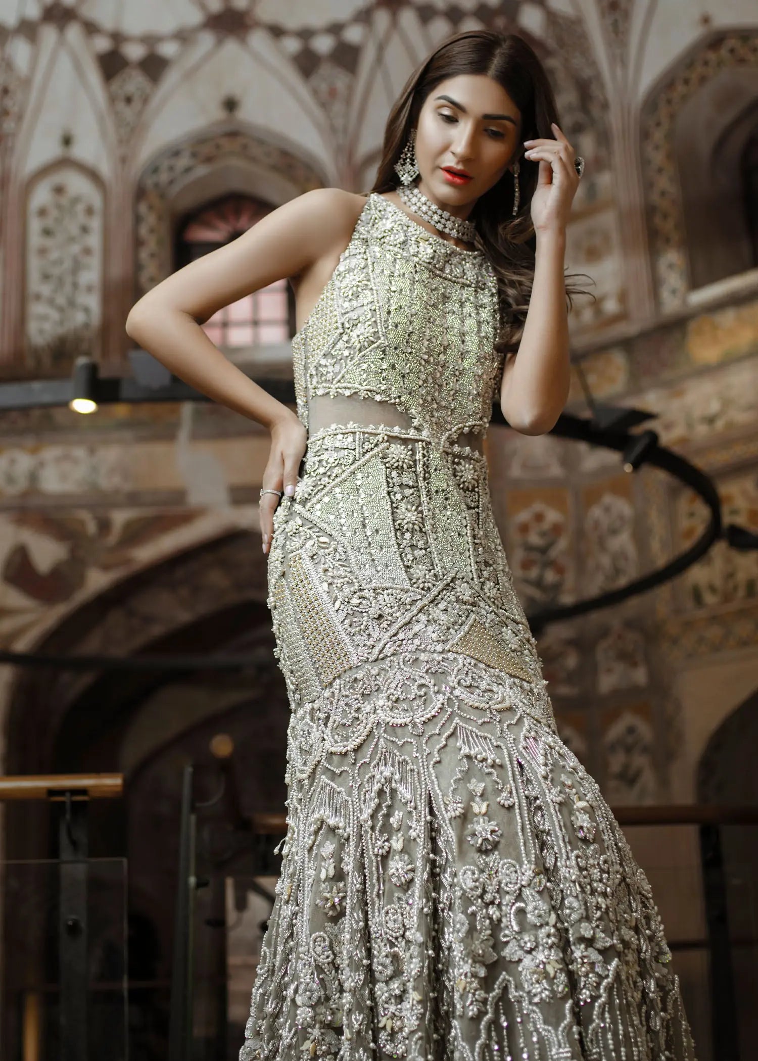 Pakistani Grey 3D Floral Net Fishtail Bridal Gown (1-Pc) - Image 6
