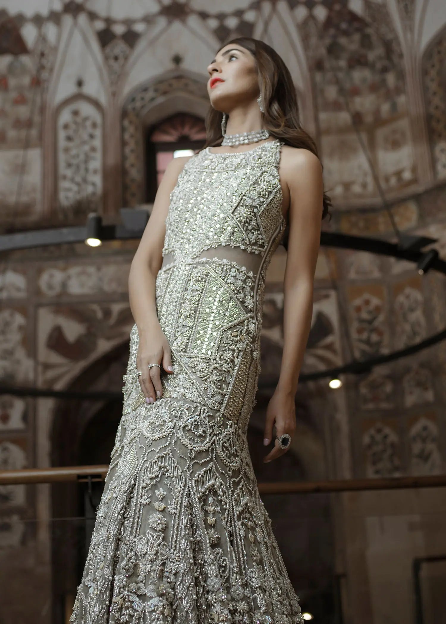 Pakistani Grey 3D Floral Net Fishtail Bridal Gown (1-Pc) - Image 7