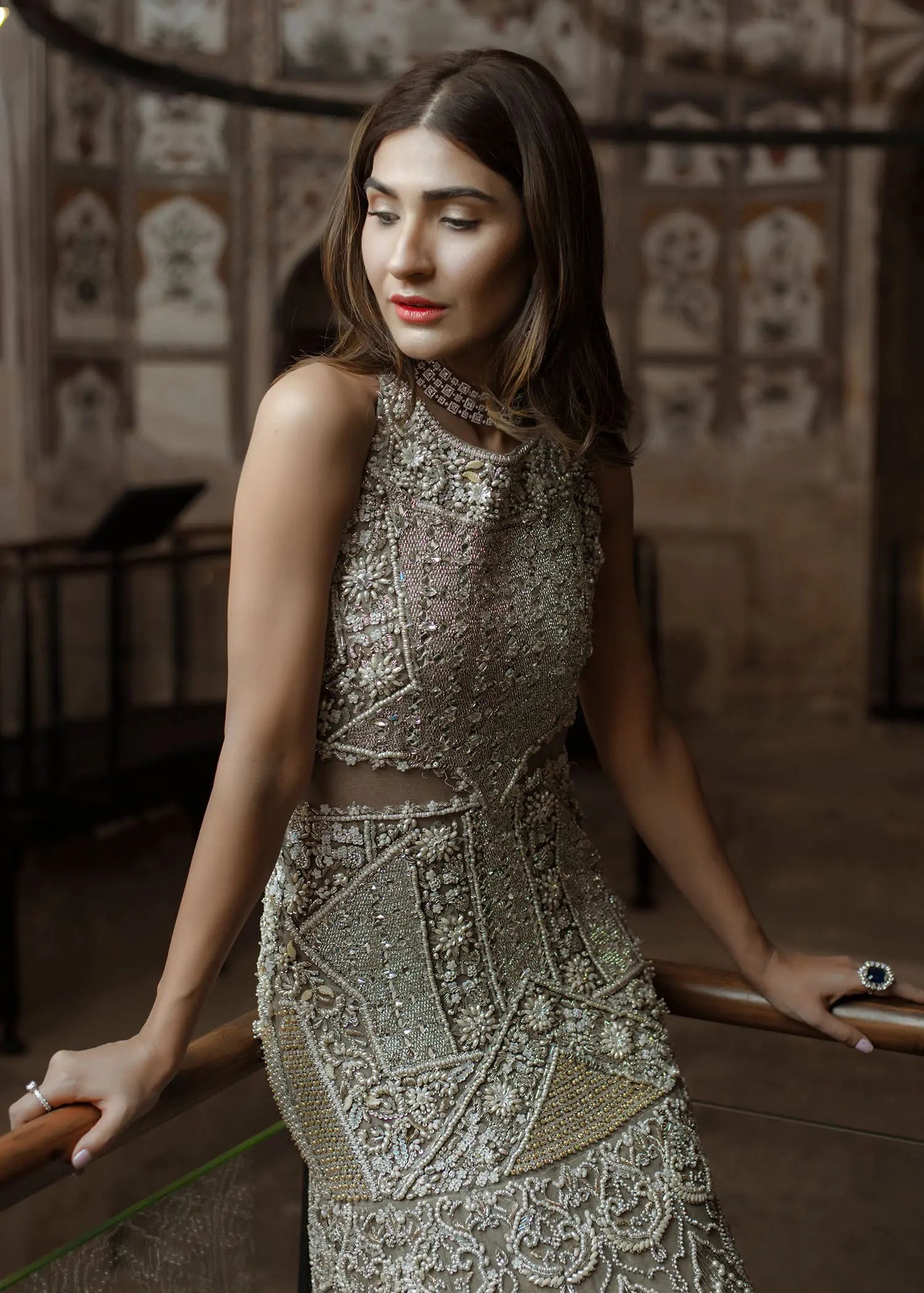 Pakistani Grey 3D Floral Net Fishtail Bridal Gown (1-Pc) - Image 8