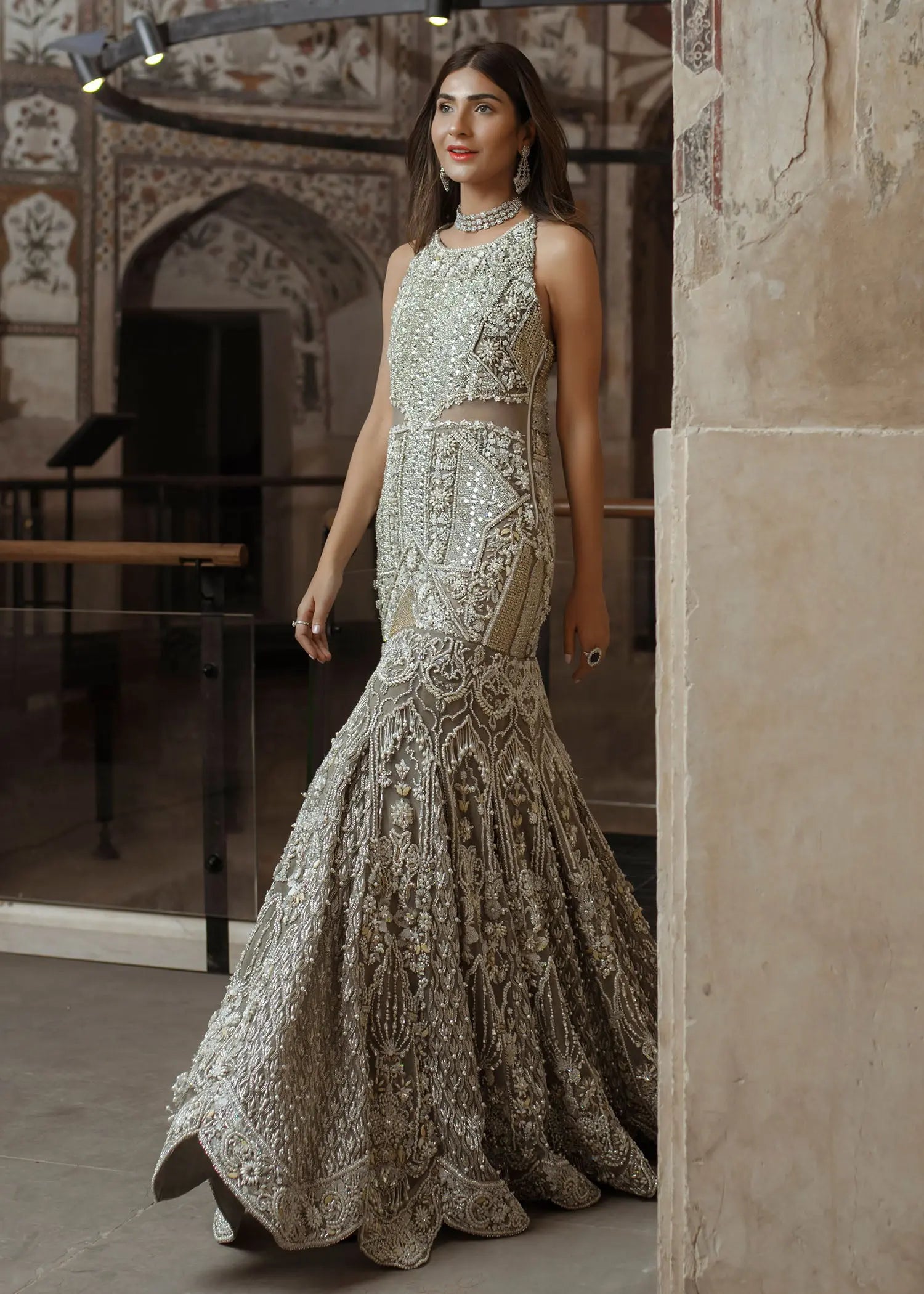 Pakistani Grey 3D Floral Net Fishtail Bridal Gown (1-Pc) - Image 9