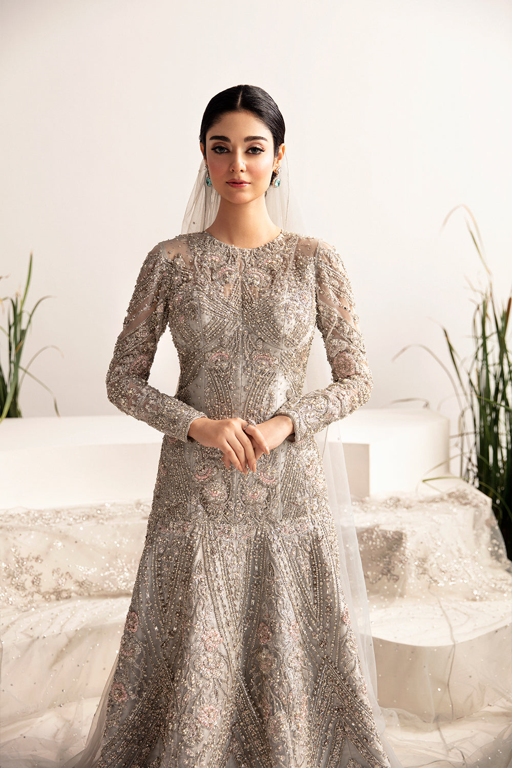 Grey Hand-Embellished Net Bridal Gown (2-Piece) - Image 3