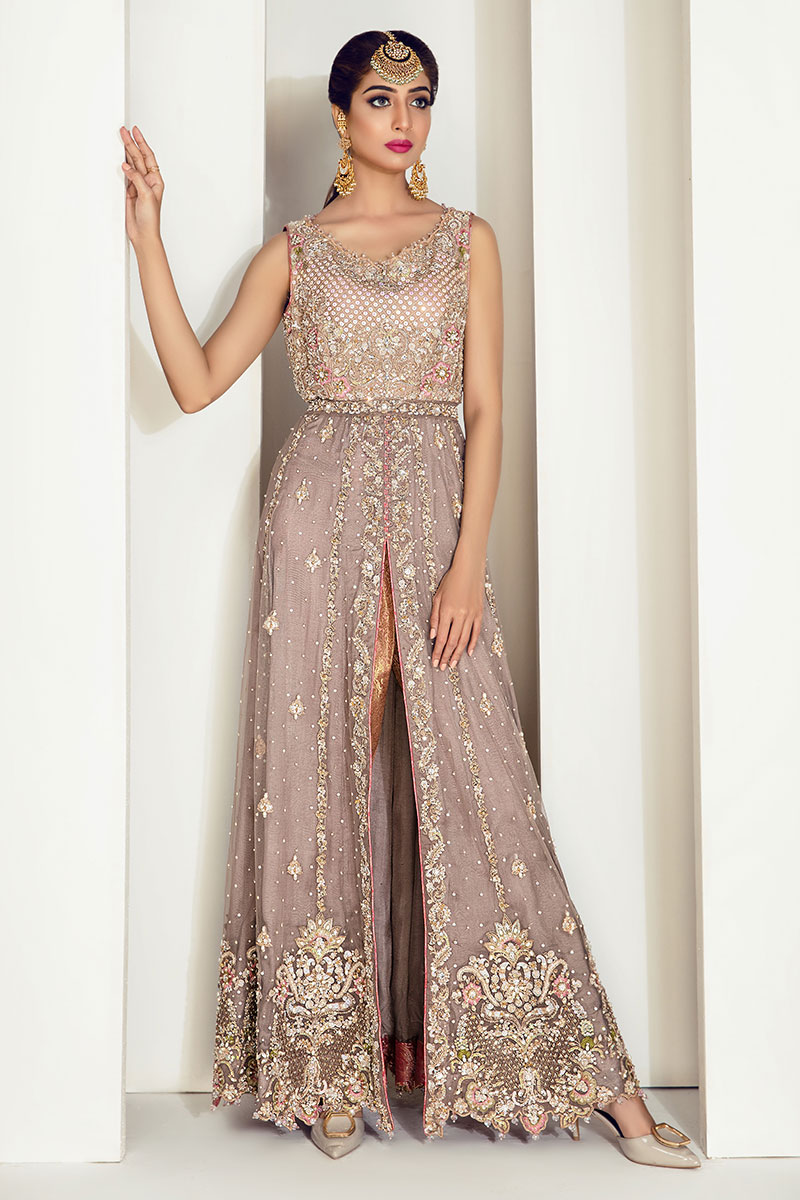 Grey Embellished Net Long Gown (3-Piece) - Image 1