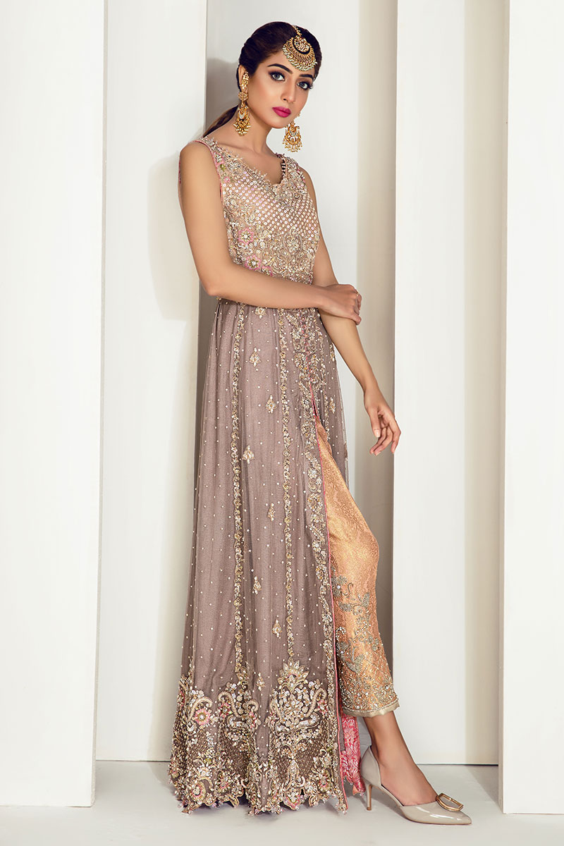 Grey Embellished Net Long Gown (3-Piece) - Image 2