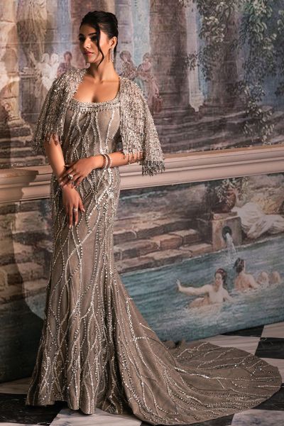 Grey Beaded Net Fishtail Gown (3-Piece) - Image 1