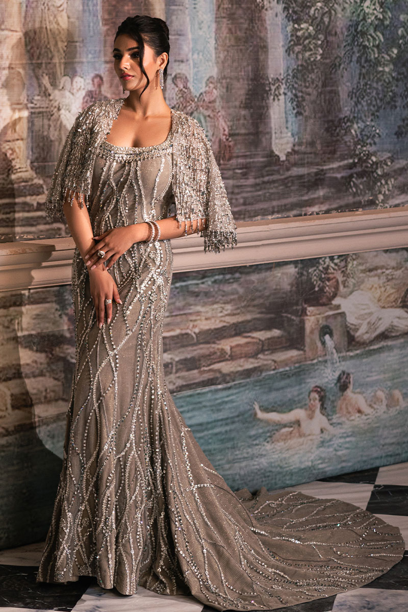 Grey Beaded Net Fishtail Gown (3-Piece) - Image 2