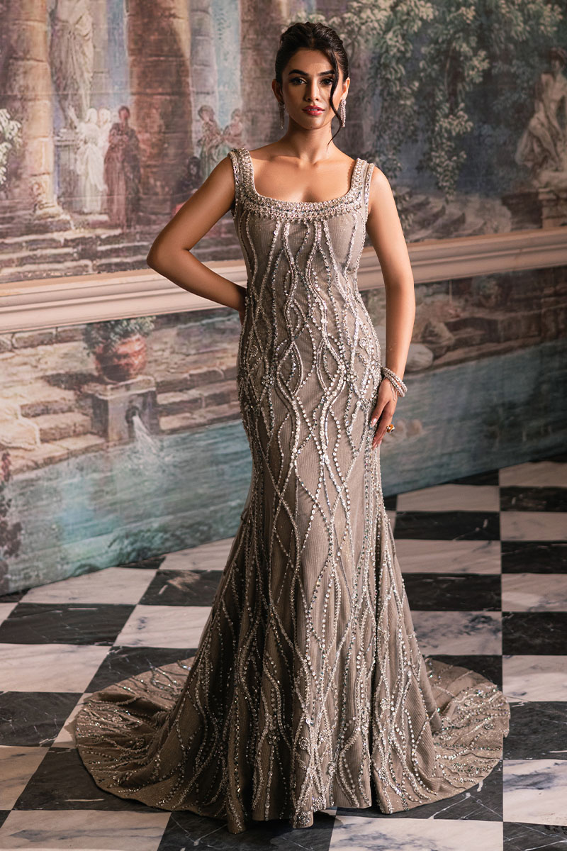 Grey Beaded Net Fishtail Gown (3-Piece) - Image 3