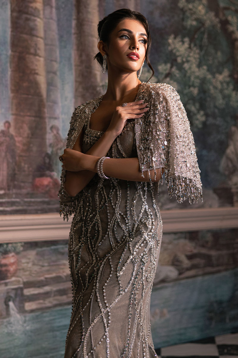 Grey Beaded Net Fishtail Gown (3-Piece) - Image 6