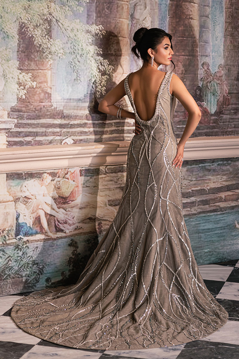 Grey Beaded Net Fishtail Gown (3-Piece) - Image 7