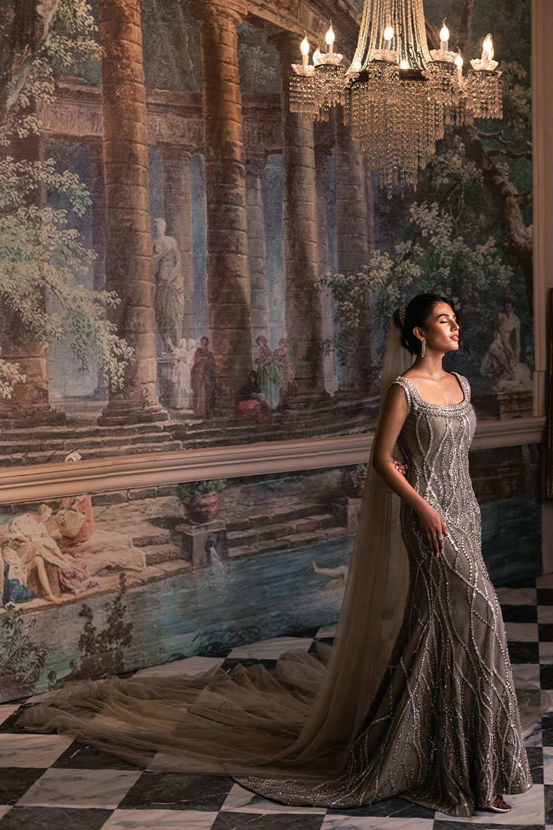 Grey Beaded Net Fishtail Gown (3-Piece) - Image 8