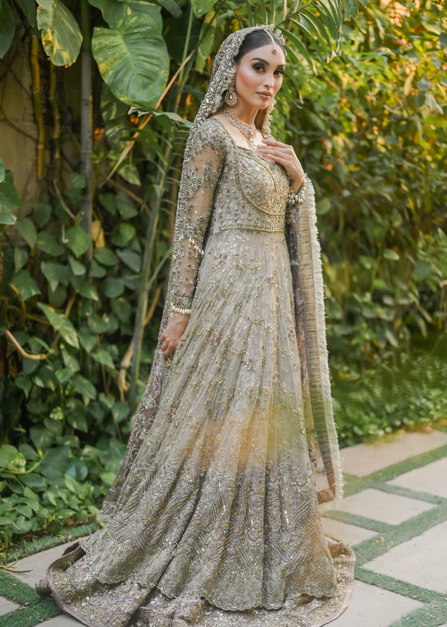 Sage Grey Embellished Net Bridal Gown (2-Piece) - Image 1