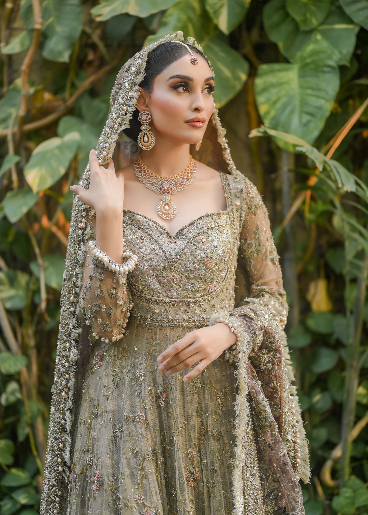 Sage Grey Embellished Net Bridal Gown (2-Piece) - Image 2