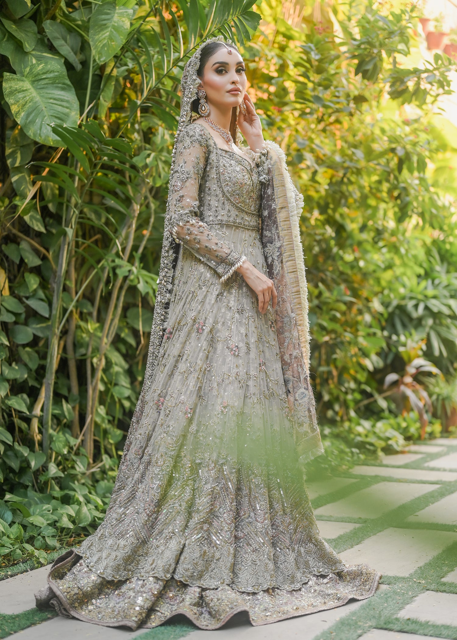 Sage Grey Embellished Net Bridal Gown (2-Piece) - Image 3