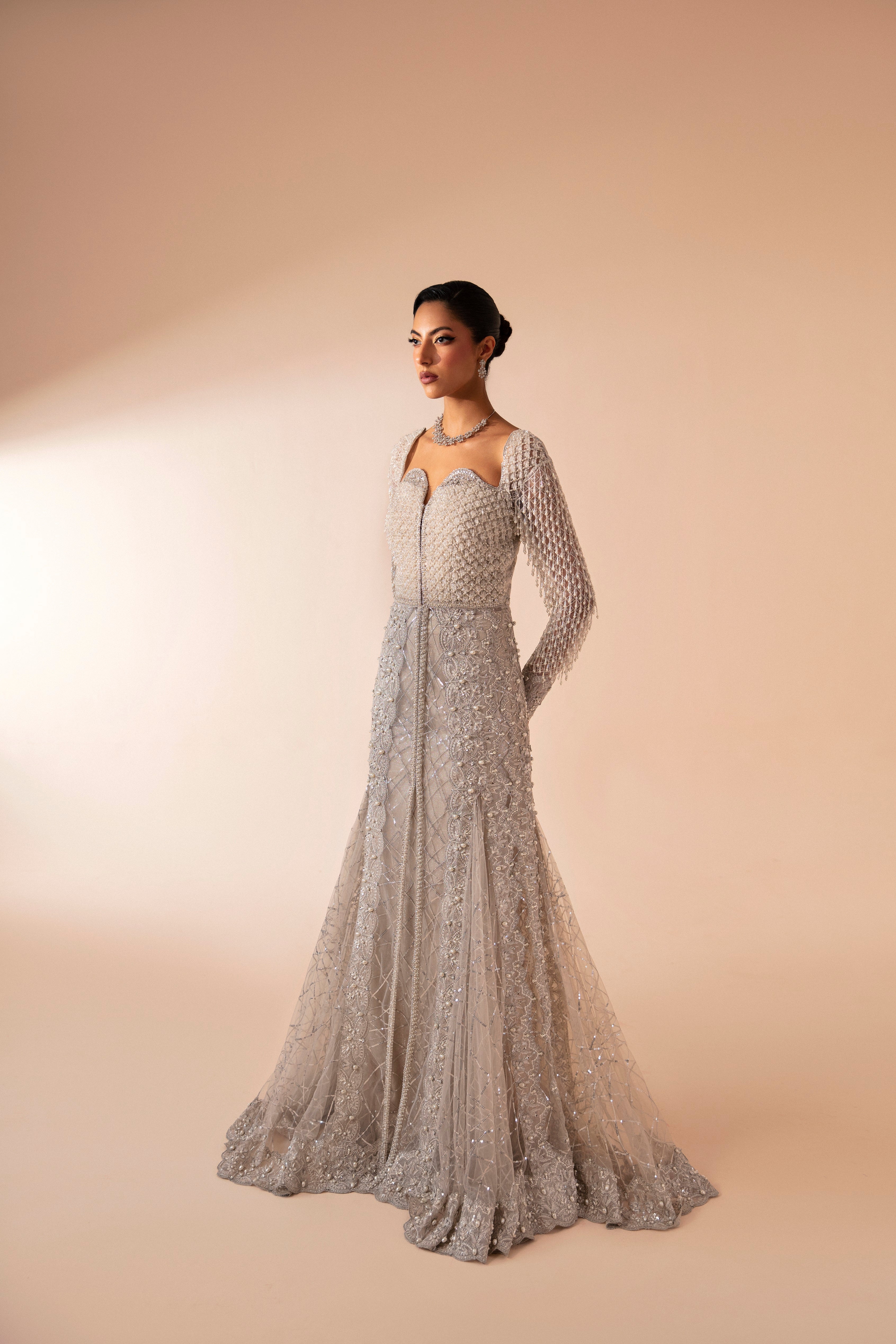 Pakistani Moon Grey Beaded Net Gown (1-Pc) - Image 1