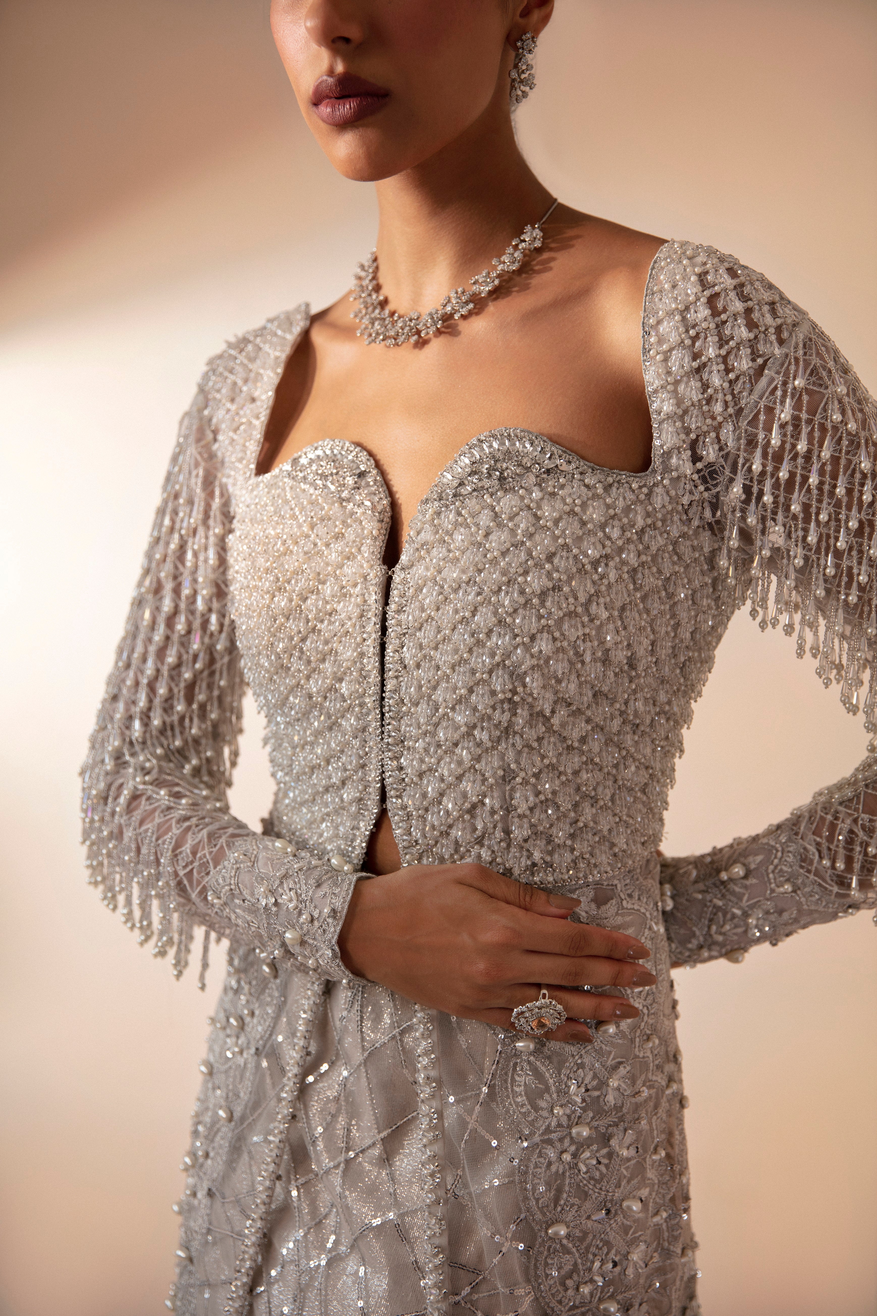 Pakistani Moon Grey Beaded Net Gown (1-Pc) - Image 3