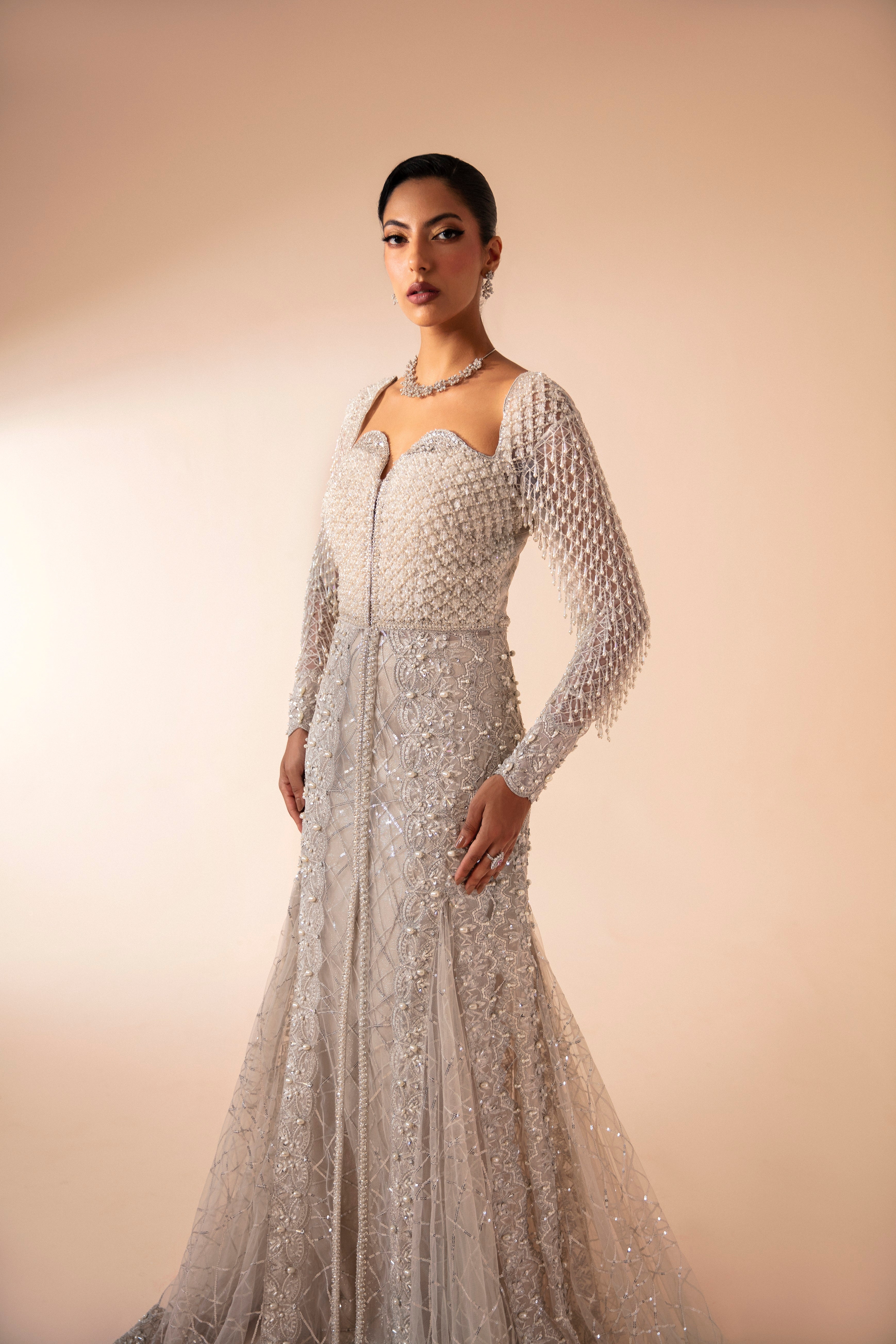 Pakistani Moon Grey Beaded Net Gown (1-Pc) - Image 4