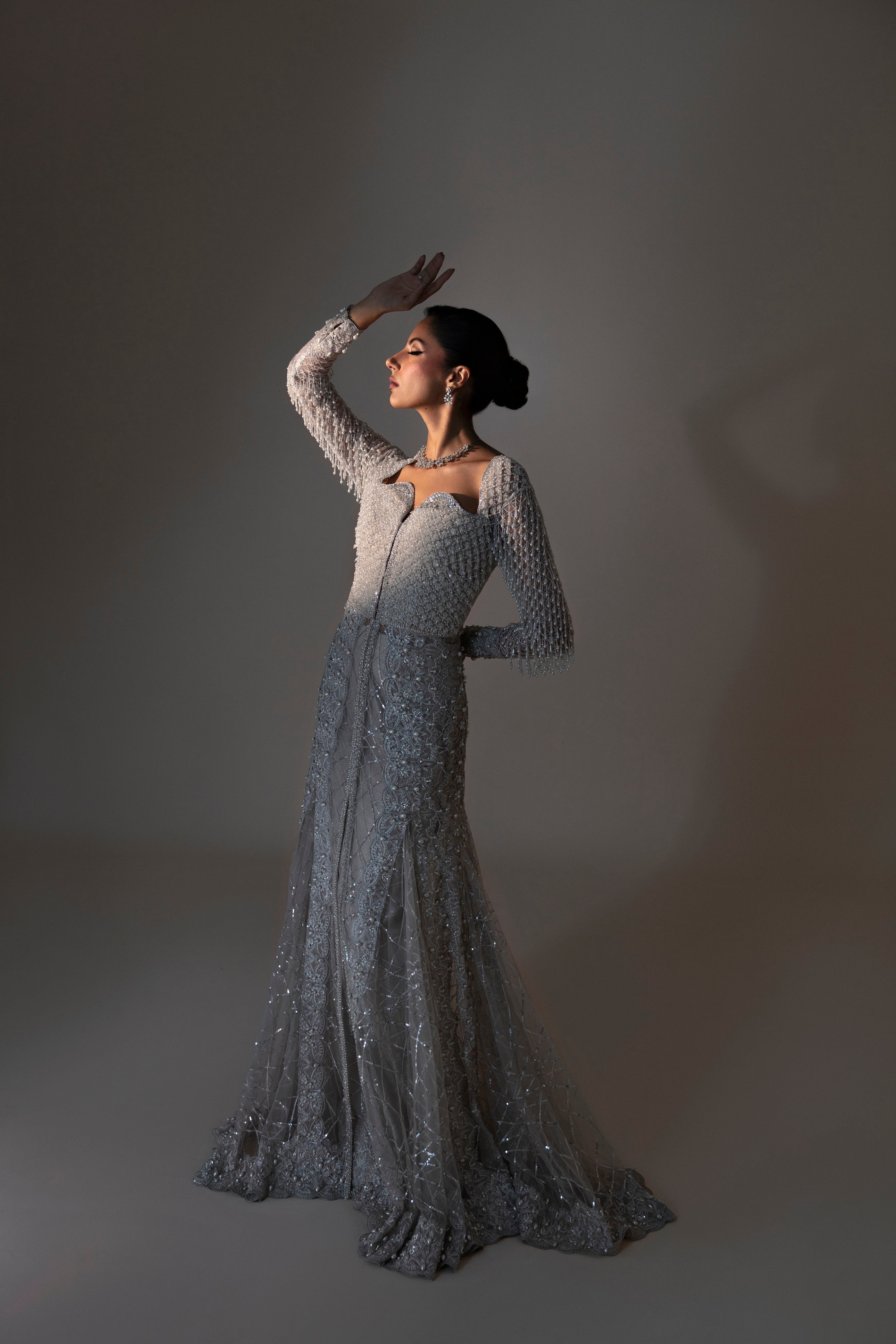 Pakistani Moon Grey Beaded Net Gown (1-Pc) - Image 6