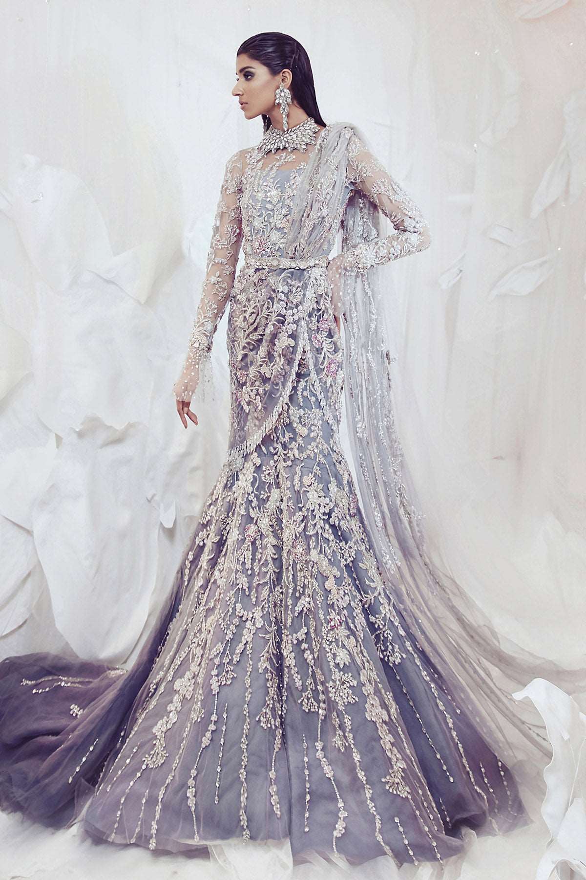 Pakistani Lilac Grey Embellished Net Bridal Gown (1-Pc) - Image 1