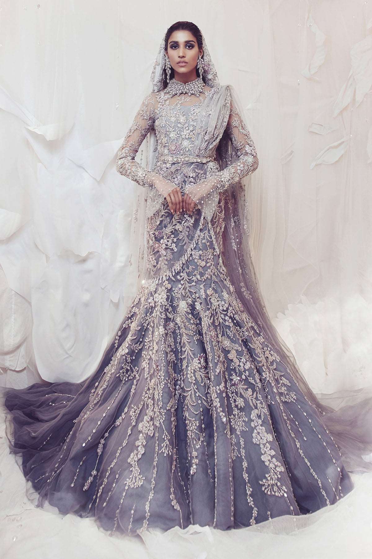 Pakistani Lilac Grey Embellished Net Bridal Gown (1-Pc) - Image 2