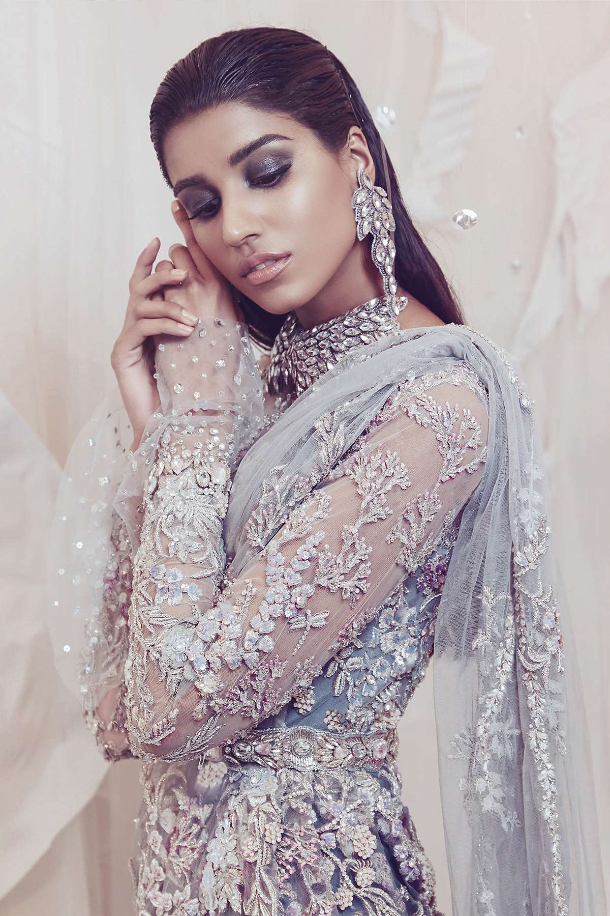 Pakistani Lilac Grey Embellished Net Bridal Gown (1-Pc) - Image 3