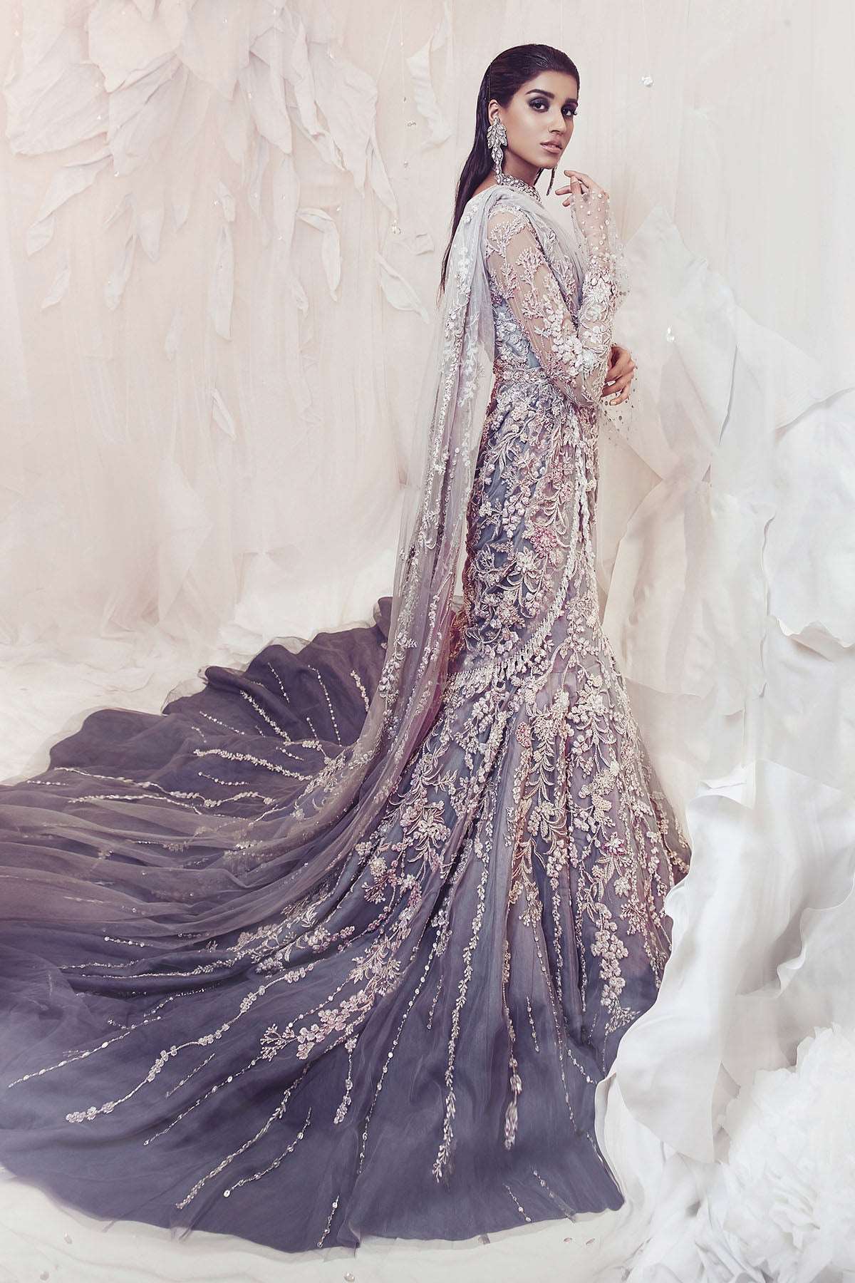 Pakistani Lilac Grey Embellished Net Bridal Gown (1-Pc) - Image 5