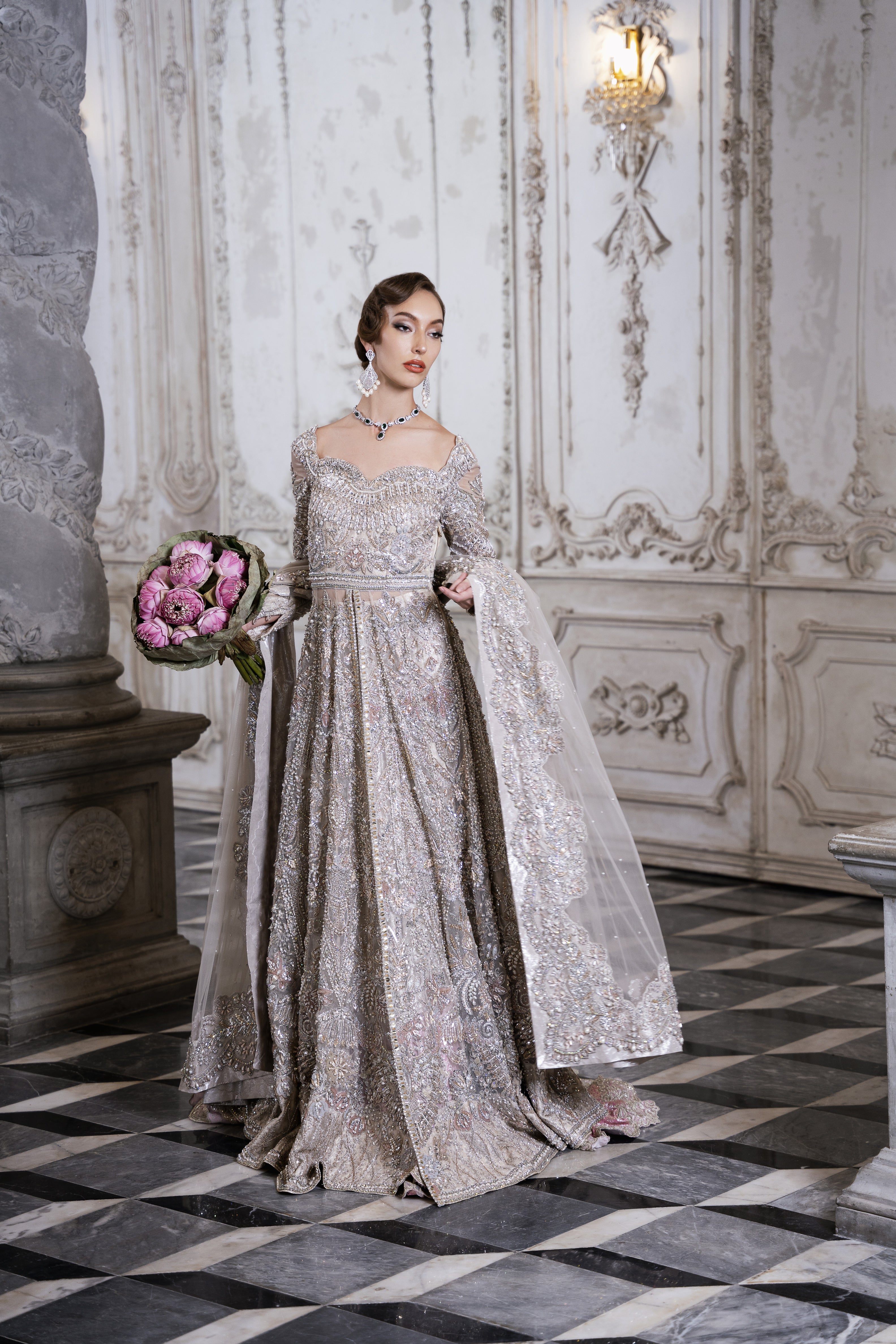 Pakistani Cloud Grey Embellished Net Silk Bridal Gown (2-Piece) - Image 1