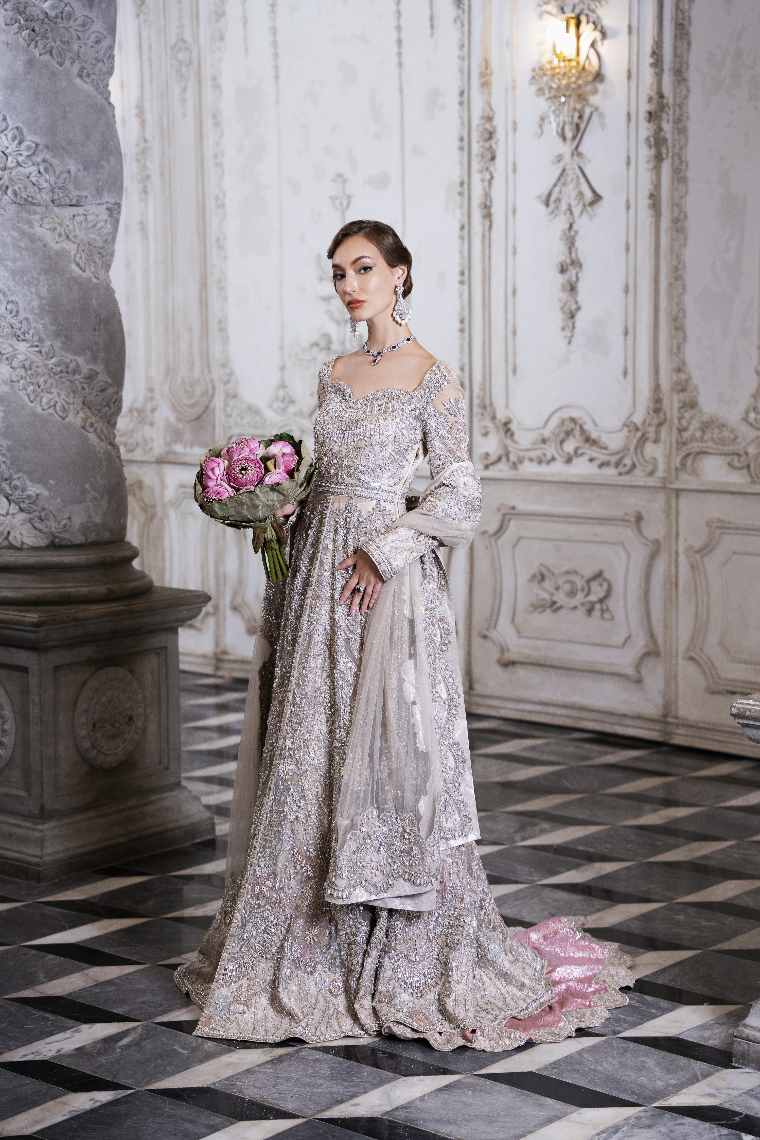 Pakistani Cloud Grey Embellished Net Silk Bridal Gown (2-Piece) - Image 2