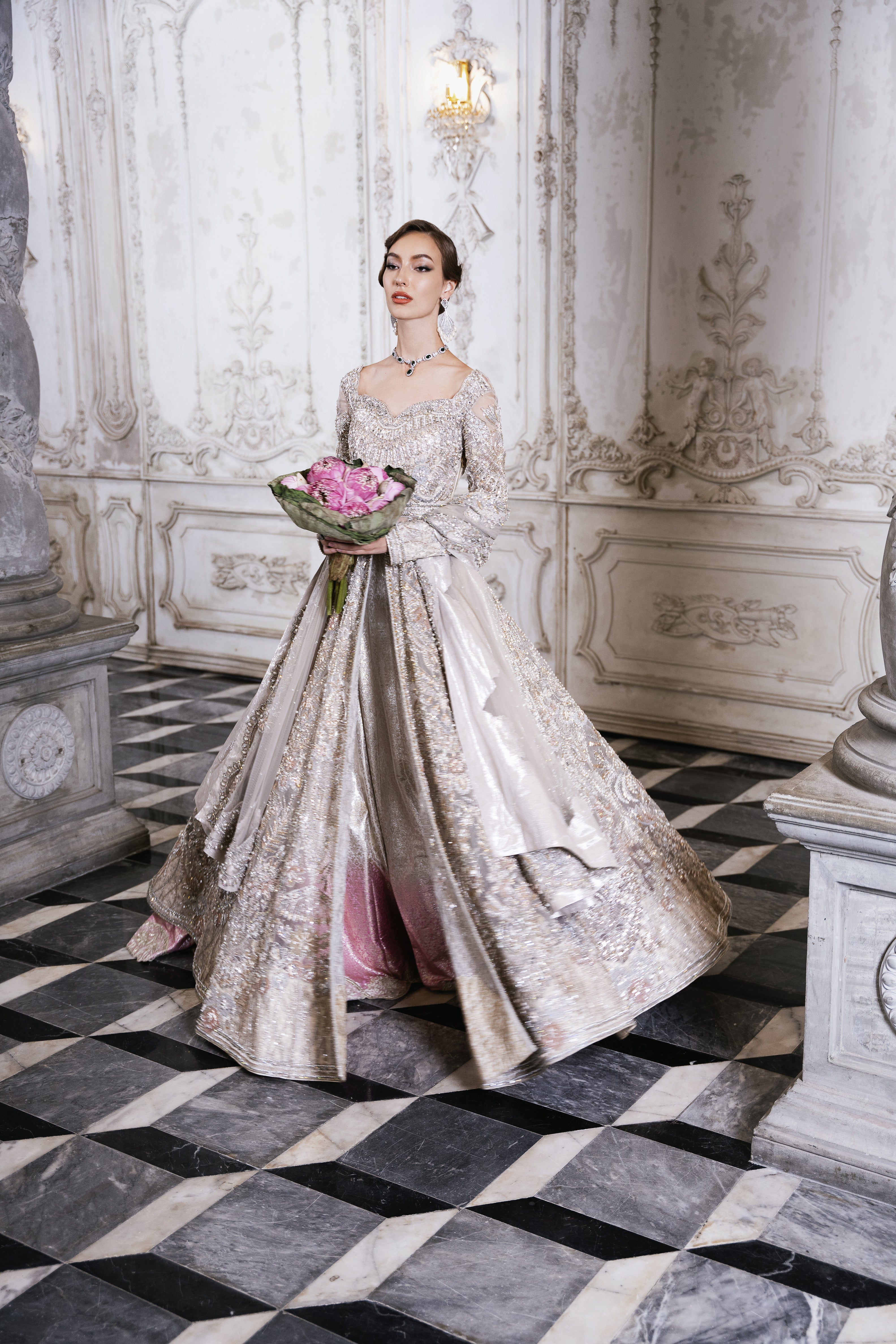 Pakistani Cloud Grey Embellished Net Silk Bridal Gown (2-Piece) - Image 4