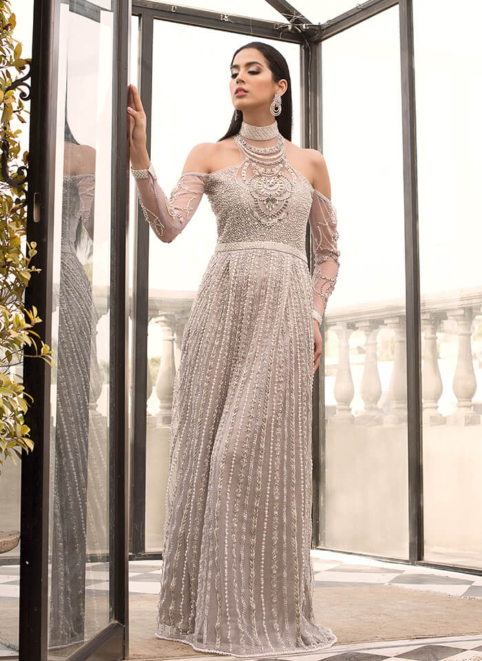 Grey Crystal and Pearl Net Gown (2-Piece) - Image 1