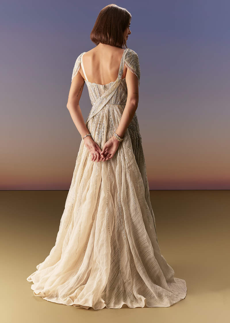 Indian Pastel Grey Embroidered Net Gown (1-Pc) - Image 2