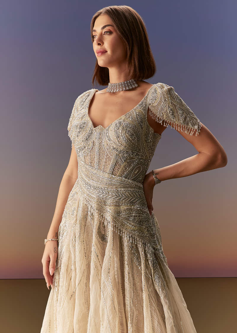 Indian Pastel Grey Embroidered Net Gown (1-Pc) - Image 5