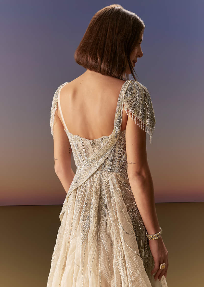 Indian Pastel Grey Embroidered Net Gown (1-Pc) - Image 6