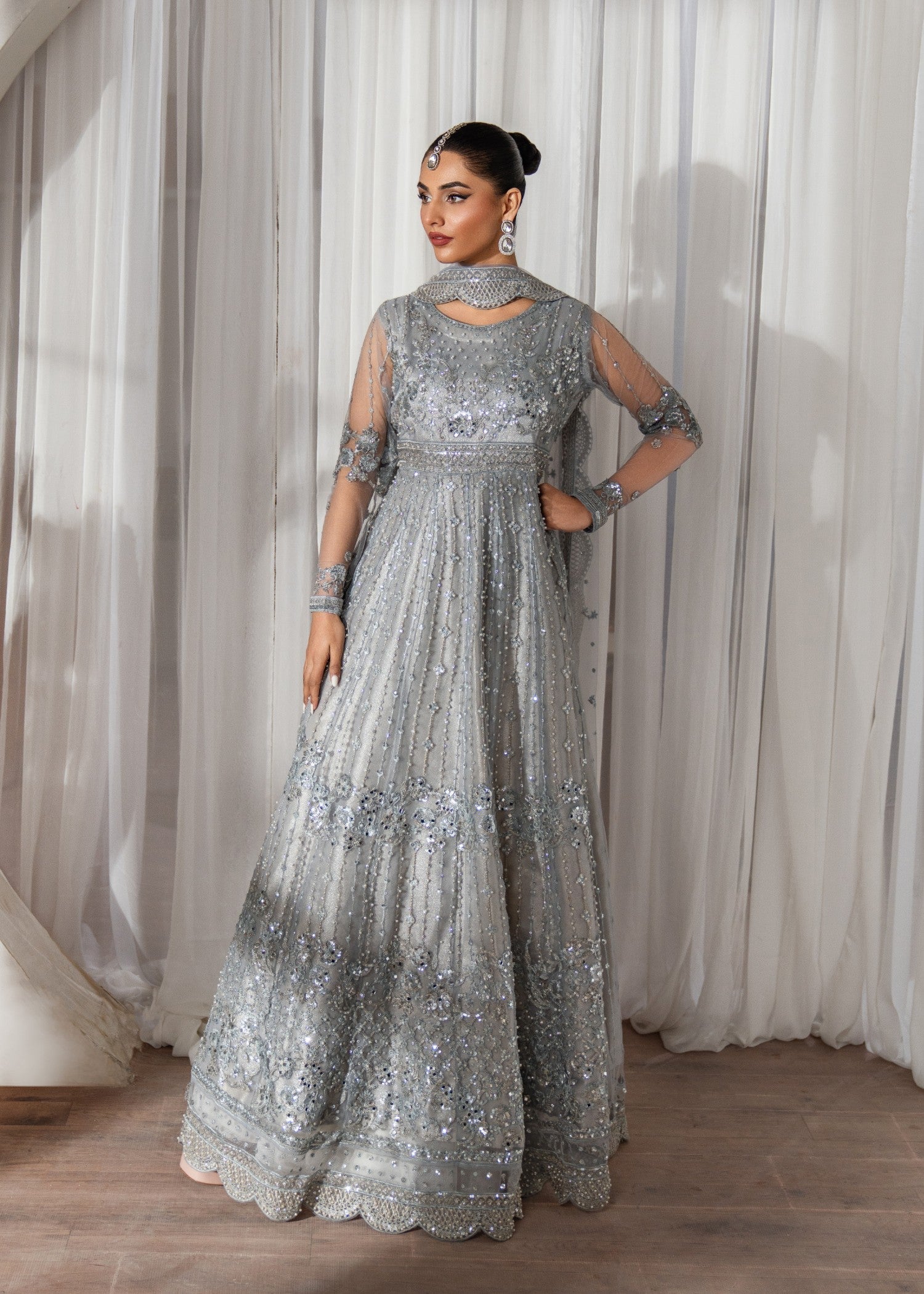 Pakistani Steel Grey Embroidered Net Maxi Dress (2-Piece) - Image 1
