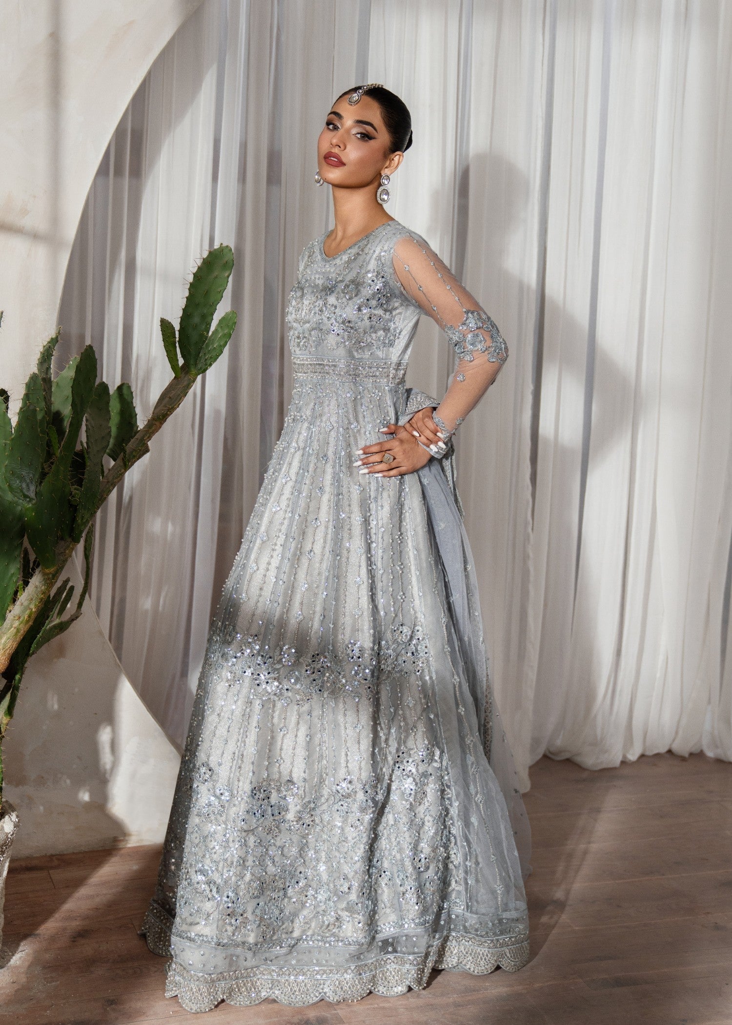 Pakistani Steel Grey Embroidered Net Maxi Dress (2-Piece) - Image 2