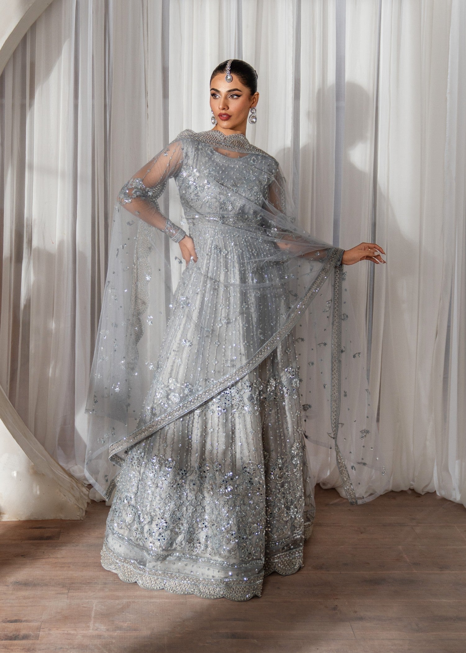 Pakistani Steel Grey Embroidered Net Maxi Dress (2-Piece) - Image 3