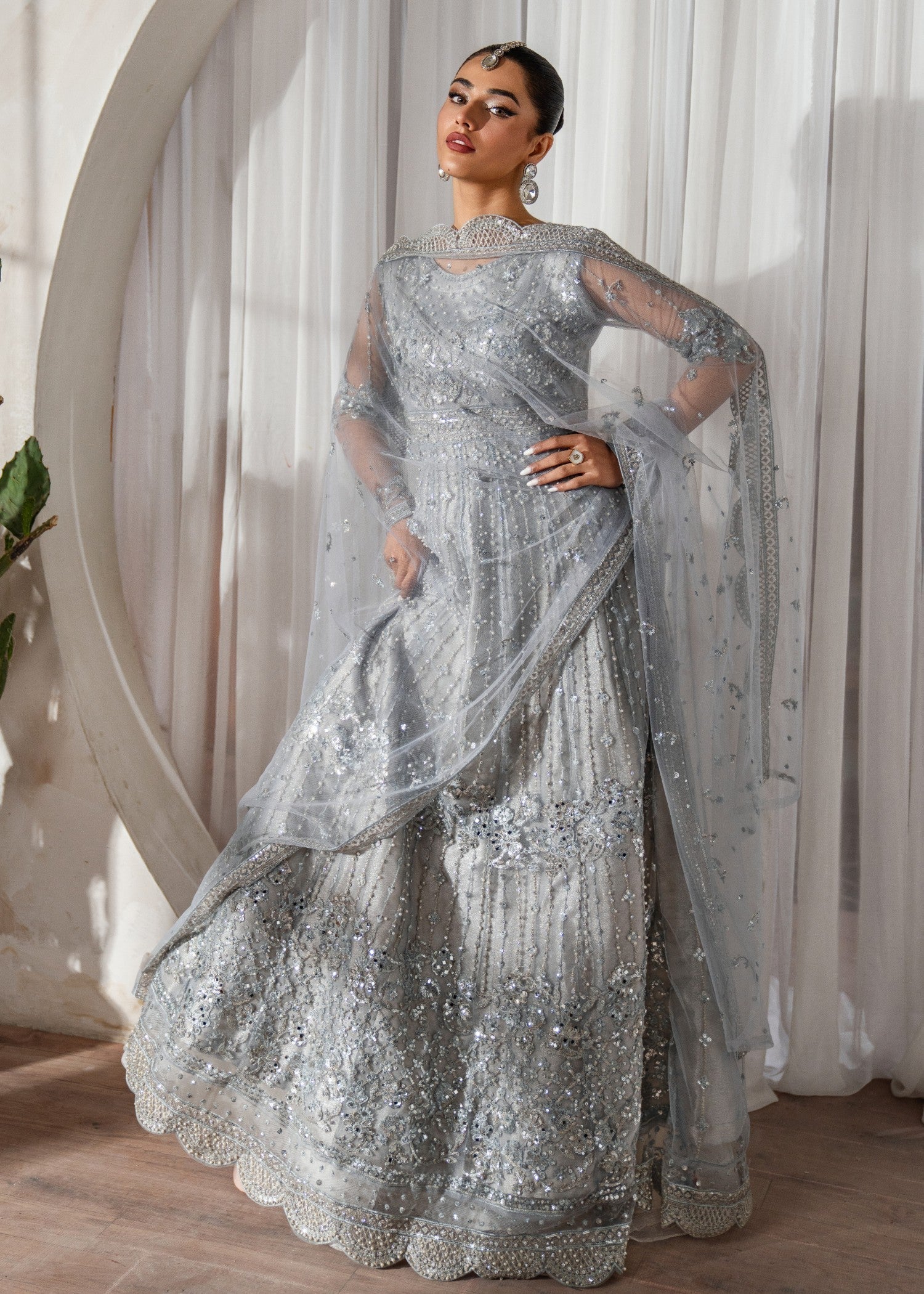 Pakistani Steel Grey Embroidered Net Maxi Dress (2-Piece) - Image 4