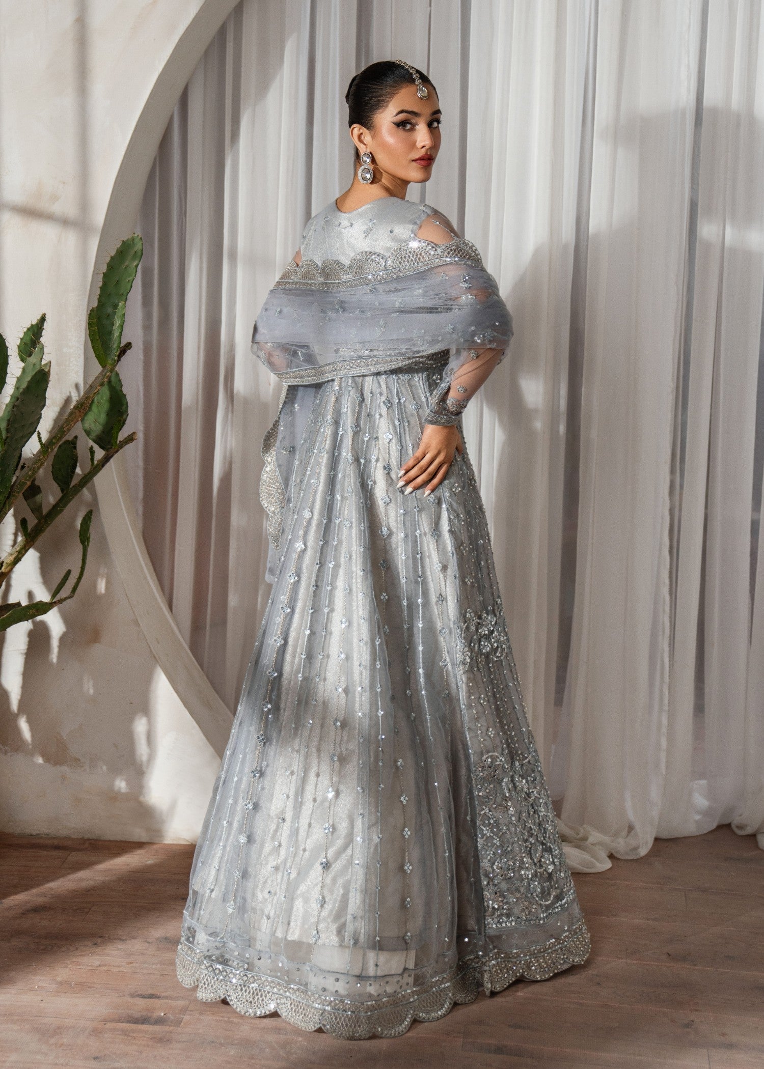 Pakistani Steel Grey Embroidered Net Maxi Dress (2-Piece) - Image 5