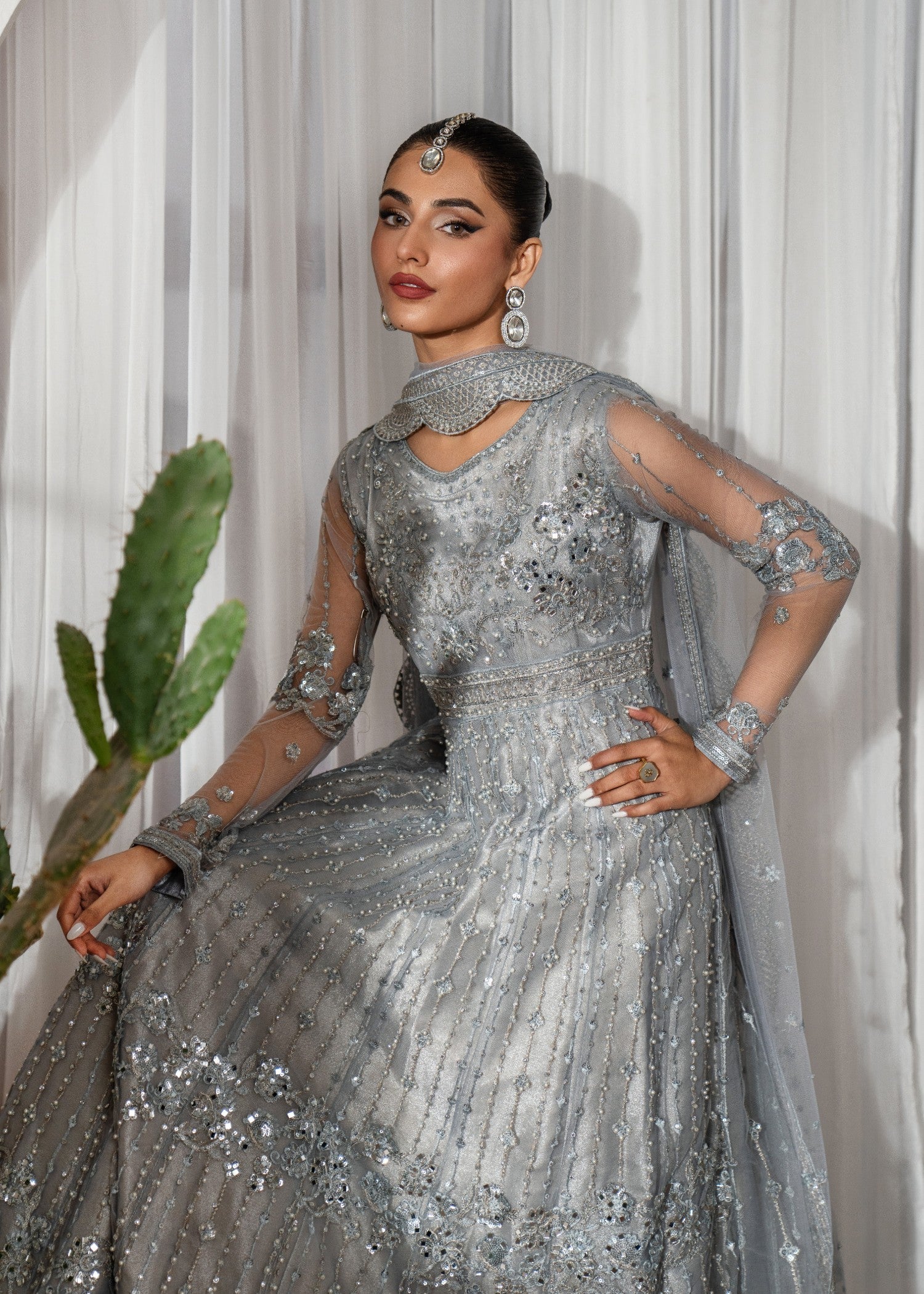 Pakistani Steel Grey Embroidered Net Maxi Dress (2-Piece) - Image 6