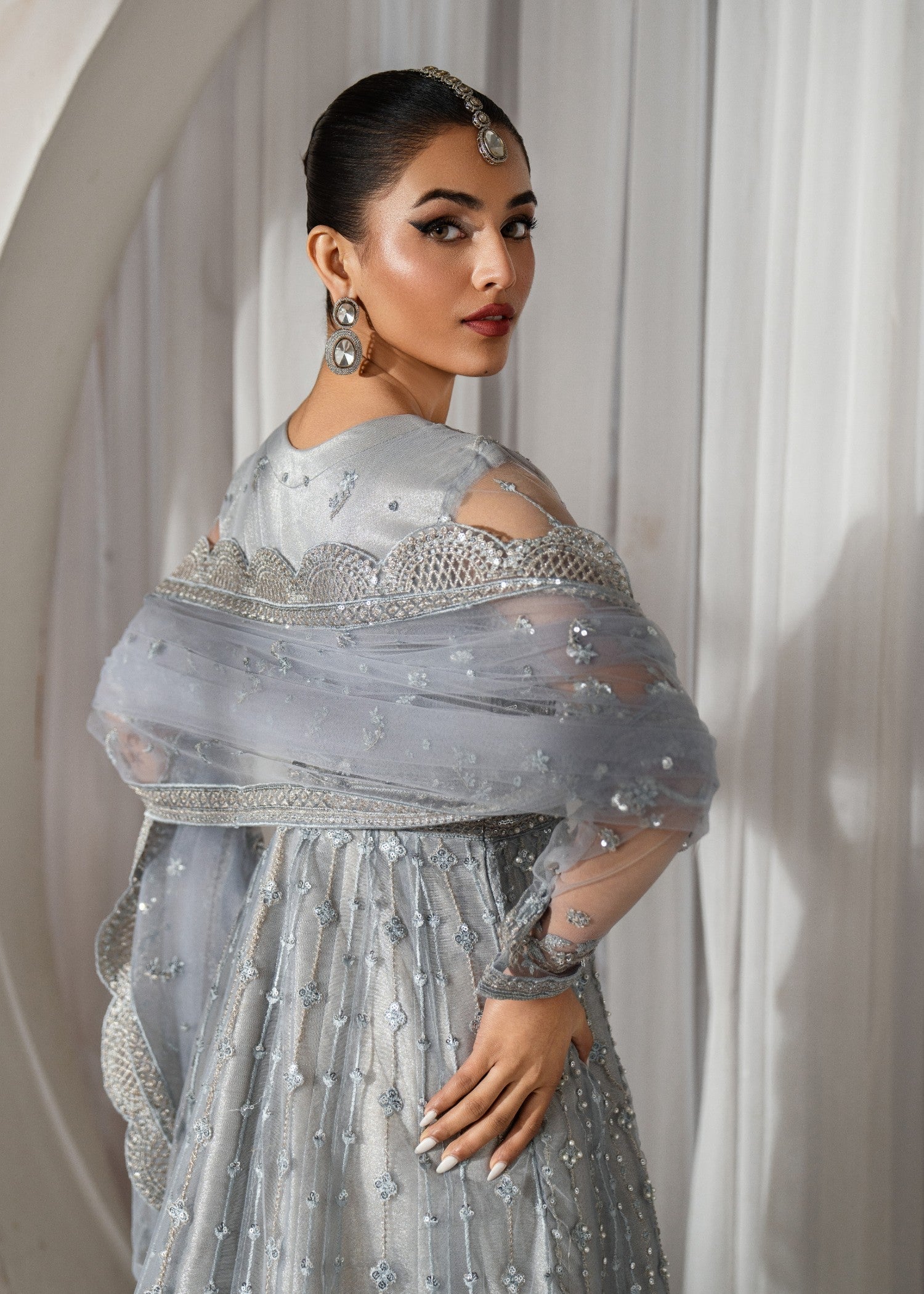 Pakistani Steel Grey Embroidered Net Maxi Dress (2-Piece) - Image 7