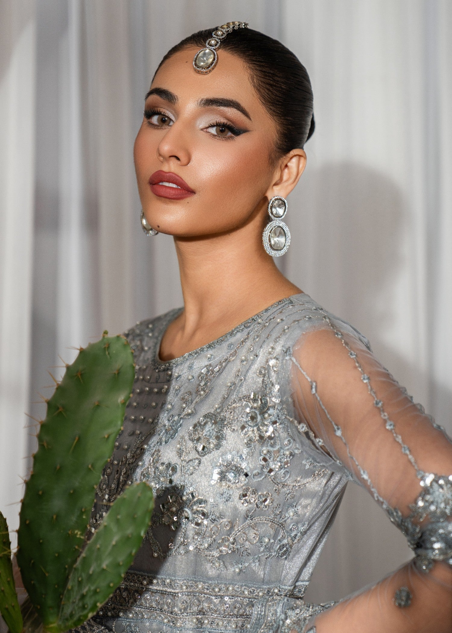 Pakistani Steel Grey Embroidered Net Maxi Dress (2-Piece) - Image 8