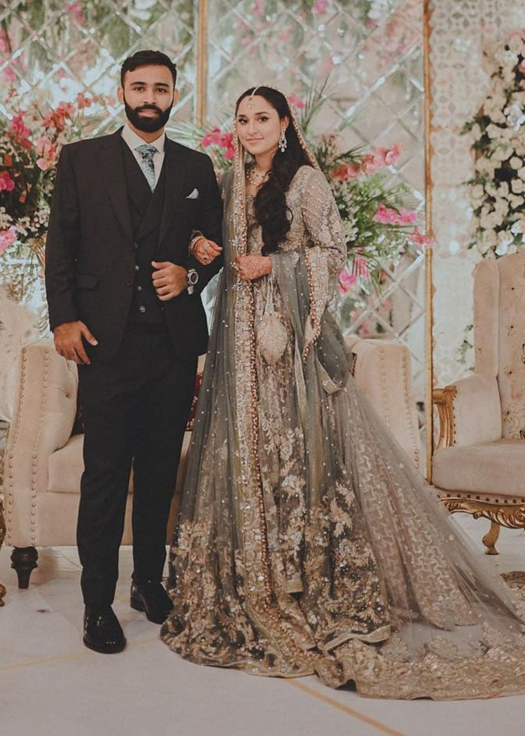 Pakistani Sage Grey Embroidered Net Bridal Gown (2-Piece) - Image 1