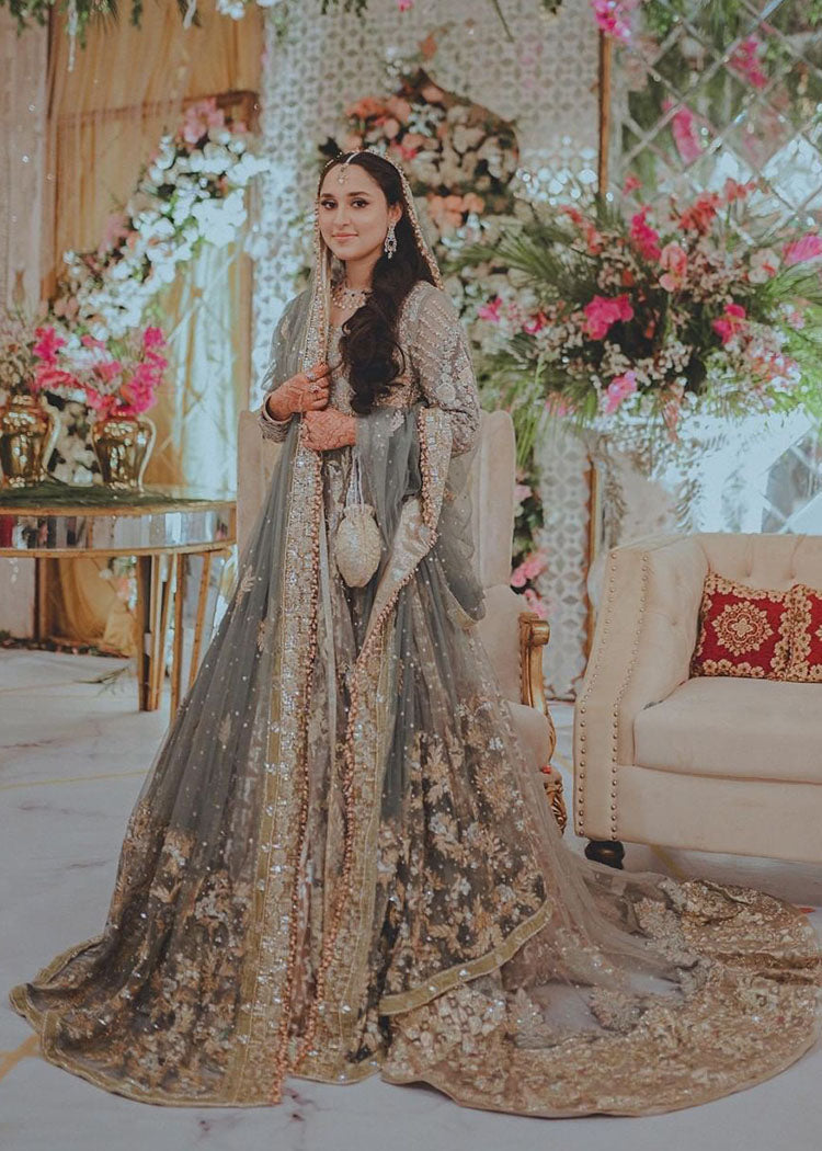 Pakistani Sage Grey Embroidered Net Bridal Gown (2-Piece) - Image 2
