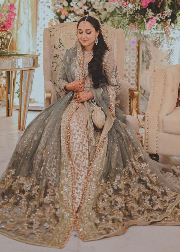 Pakistani Sage Grey Embroidered Net Bridal Gown (2-Piece) - Image 3