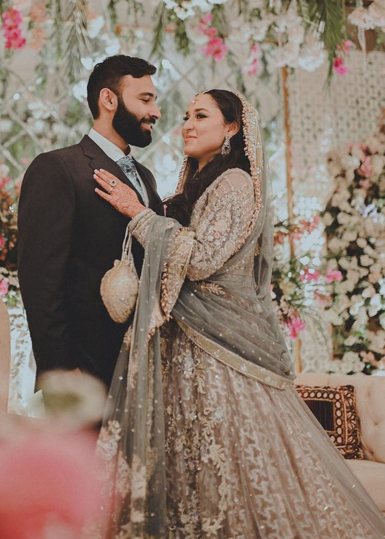 Pakistani Sage Grey Embroidered Net Bridal Gown (2-Piece) - Image 4