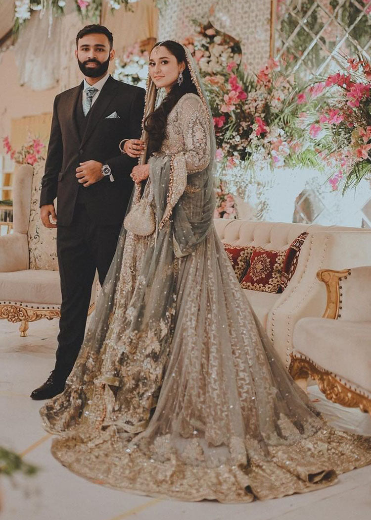 Pakistani Sage Grey Embroidered Net Bridal Gown (2-Piece) - Image 5
