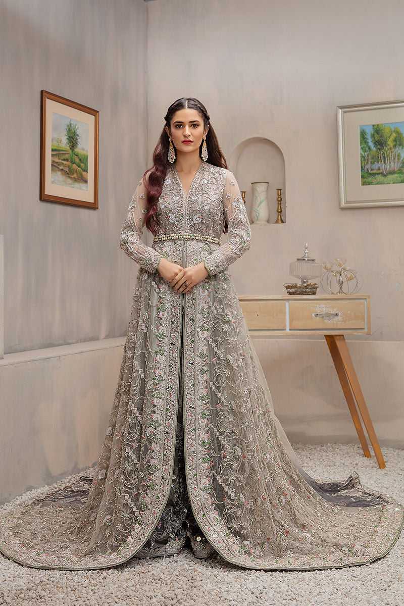 Pakistani Grey Embroidered Net Bridal Gown (1-Pc) - Image 1