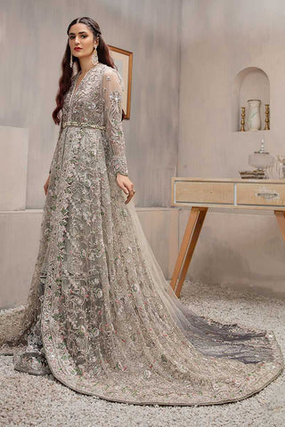 Pakistani Grey Embroidered Net Bridal Gown (1-Pc) - Image 3