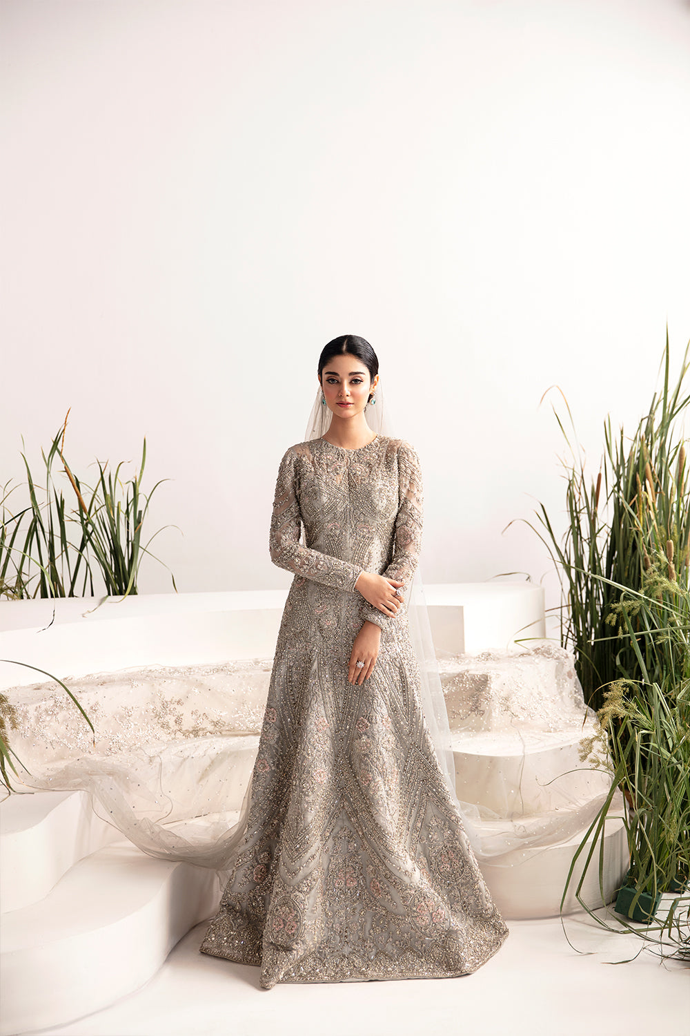 Grey Hand-Embellished Net Bridal Gown (2-Piece) - Image 2