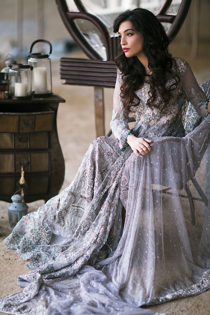 Pakistani Grey Hand-Embroidered Net Front-Open Gown (2-Piece) - Image 1