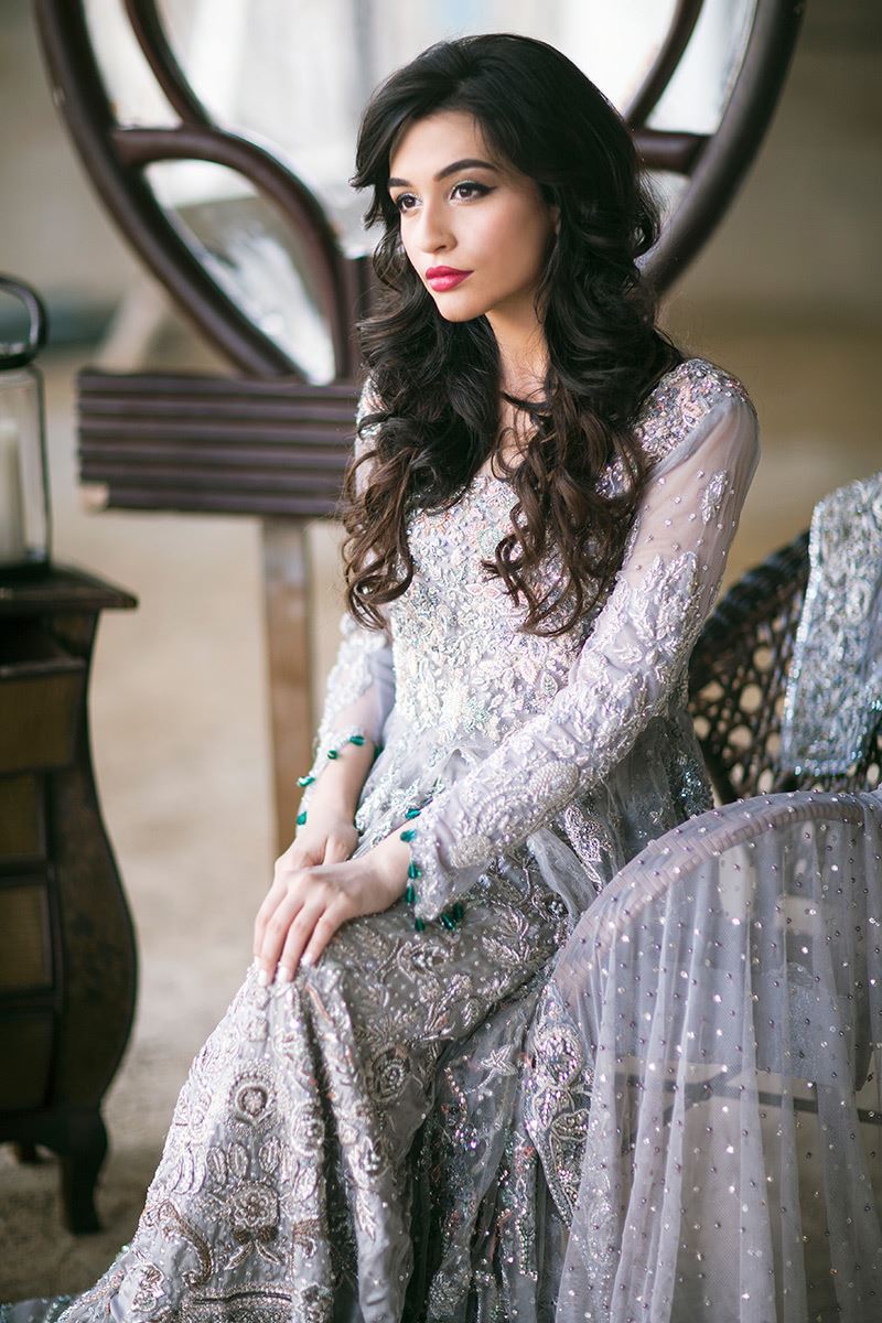 Pakistani Grey Hand-Embroidered Net Front-Open Gown (2-Piece) - Image 2