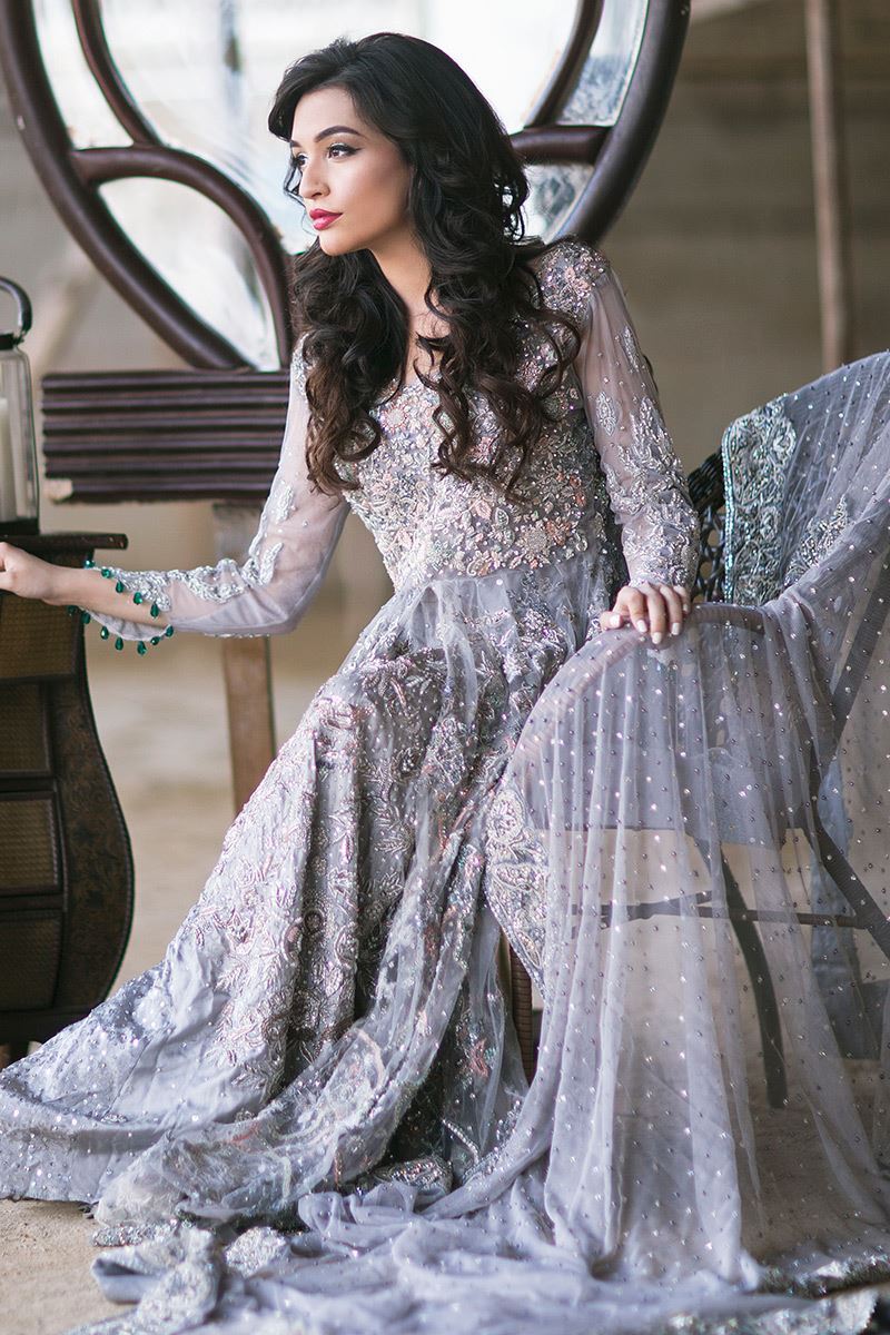Pakistani Grey Hand-Embroidered Net Front-Open Gown (2-Piece) - Image 3
